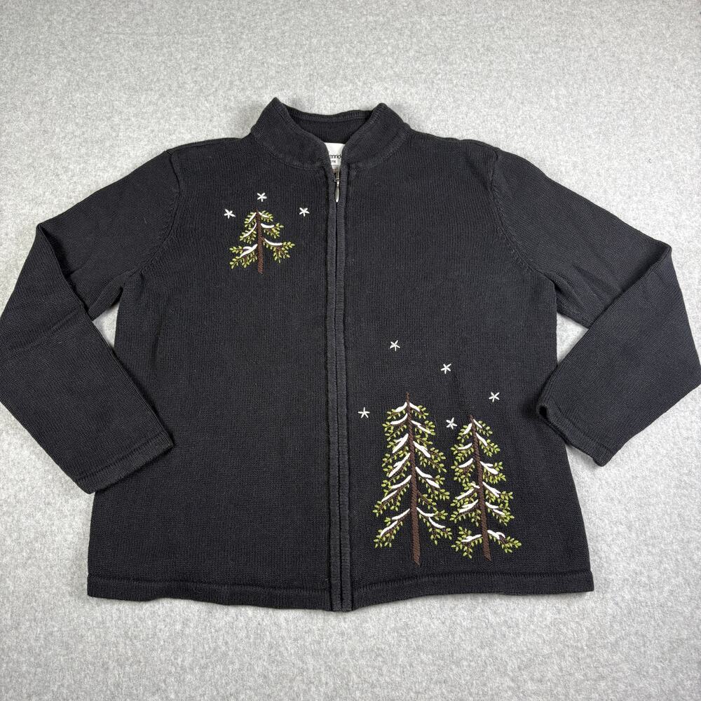 Breckenridge Petite PL Black Zip Cardigan Sweater Embroidered Pine Trees Winter